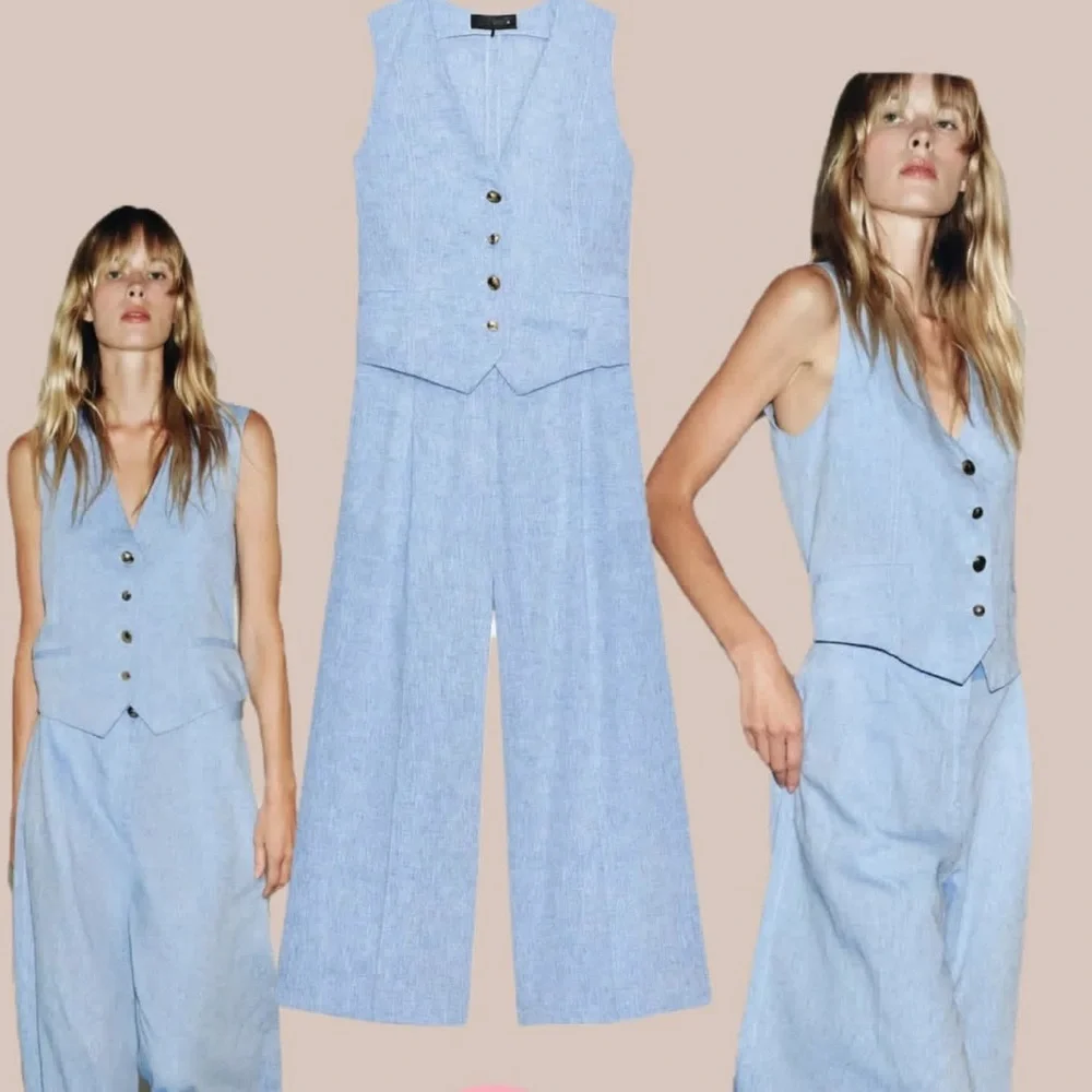 Zara NWT linen blend waistcoat jumpsuit blue 8461/789